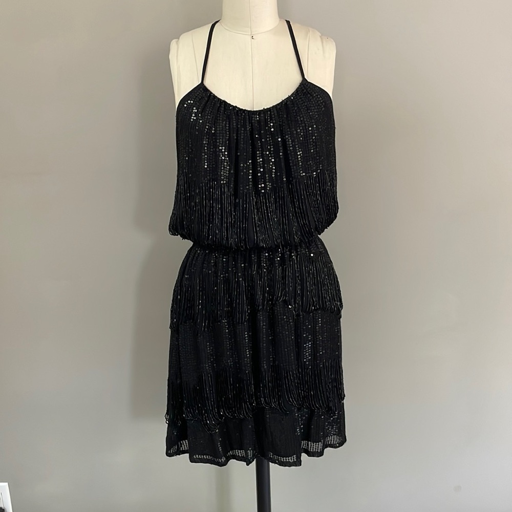 PARKER black, beaded, tank style, mini dress with elastic waist band. Size small